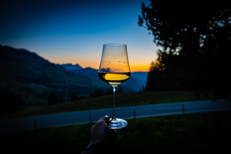 Glass of wine held at sunset in a mountain vineyard