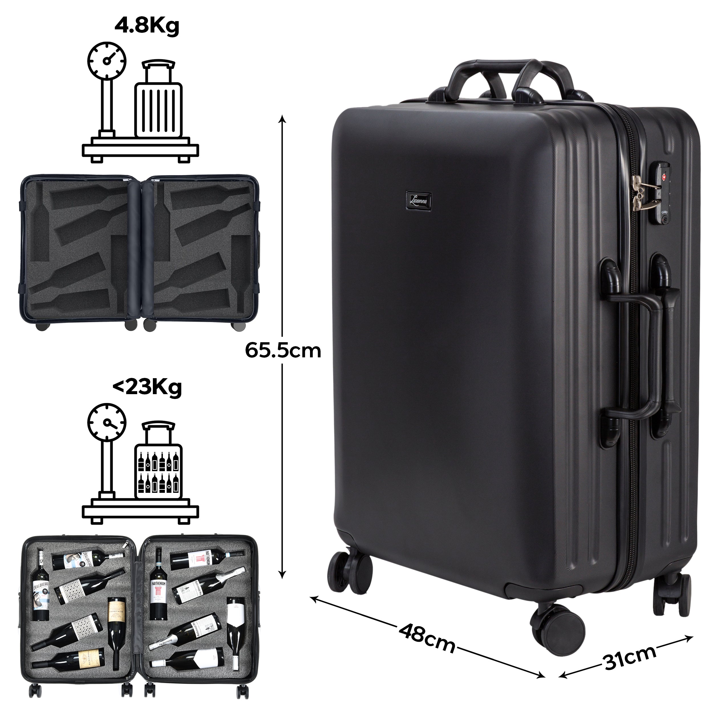 LAZENNE WINE TRAVEL SUITCASE 12 BOTTLES WITH REMOVABLE INSERTS - TSA AIRLINE APPROVED, 10-YEARS WARRANTY